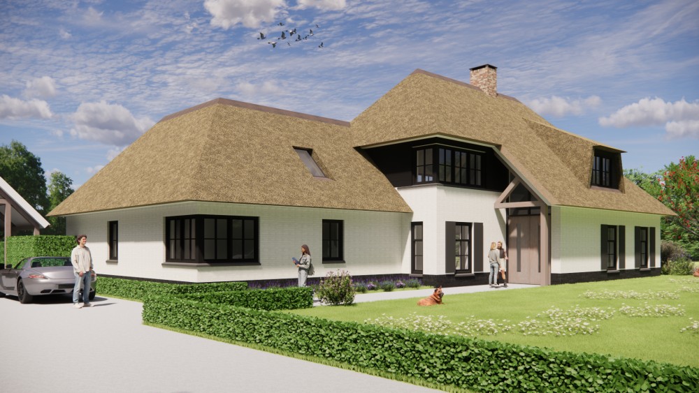 Afbeelding van Landelijke villa met rieten schilddak, houten luiken en wit pleisterwerk - 15aedf17-1f58-437f-b78c-51e36614e369