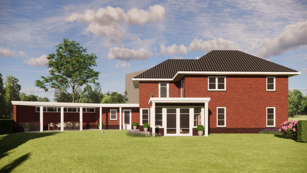 3D Render van vrijstaand jaren 30 huis met metselwerkgevels en schilddak met gegolfde dakpannen 5