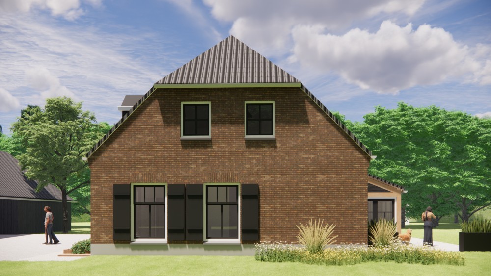 3D Render van landelijke boerderijwoning in metselwerk met wolfsdak met gegolfde dakpannen en houten accenten 7
