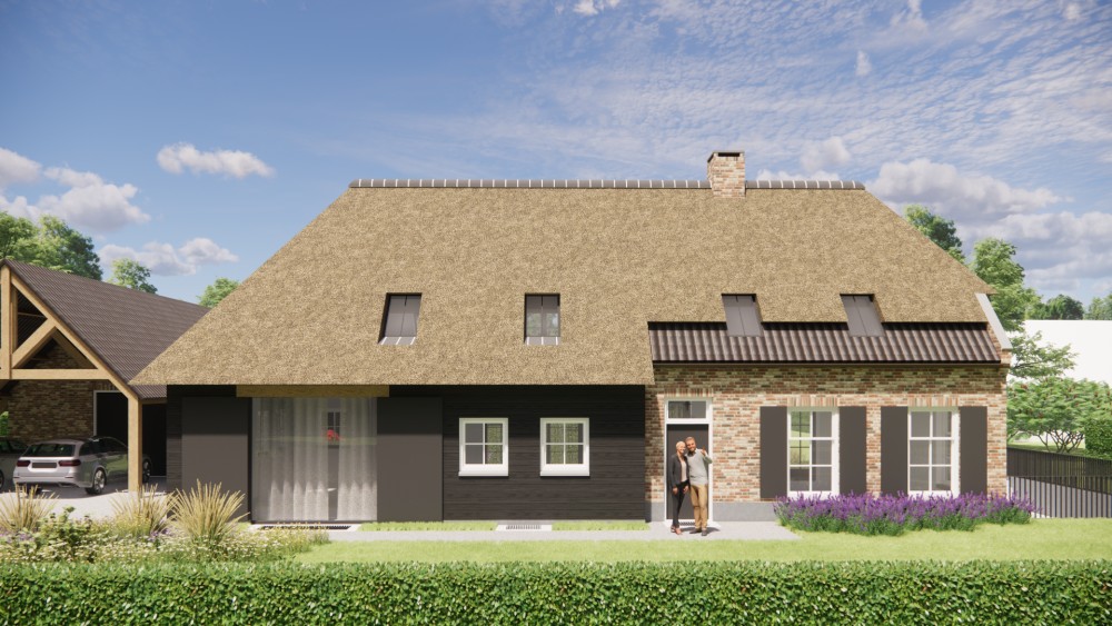 3D Render van landelijke boerderijwoning met rieten wolfsdak en metselwerk met houten accenten 9