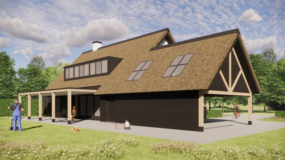 3D Render van landelijke woning met rieten kap, witte gevels en houten accenten 4