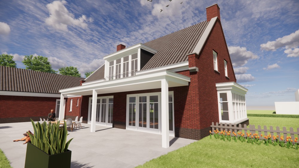 3D Render van traditionele notariswoning met metselwerk gevels, zadeldak en erker 4