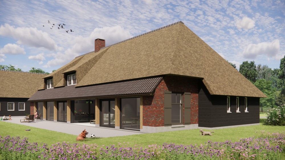 3D Render van traditionele boerderijwoning met rieten wolfsdak en gevel van hout en metselwerk 5