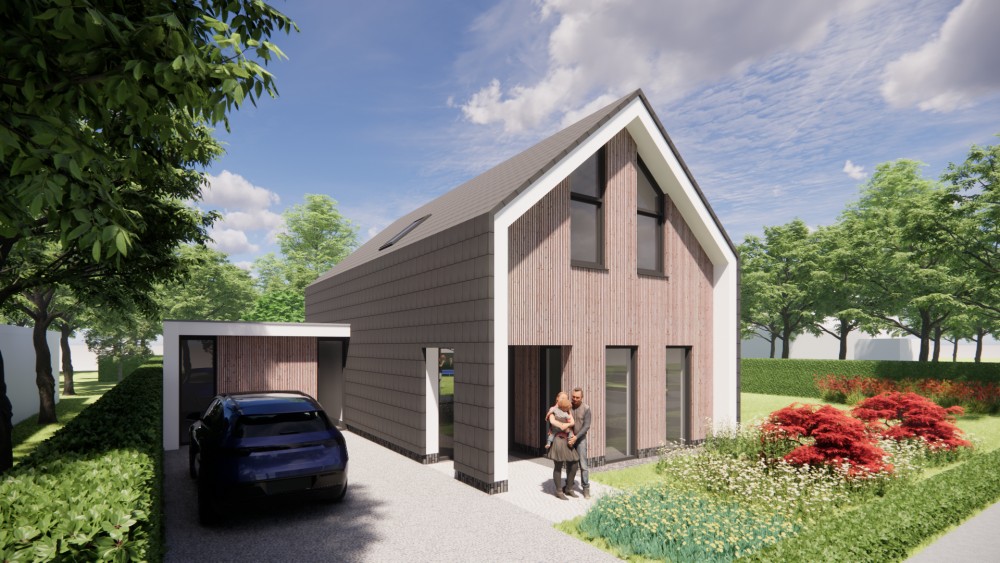 Afbeelding van Eigentijdse schuurwoning met zadeldak bruine houten gevel en vlakke dakpannen - 3af70f0b-78f3-4b19-91d0-a757810179c1