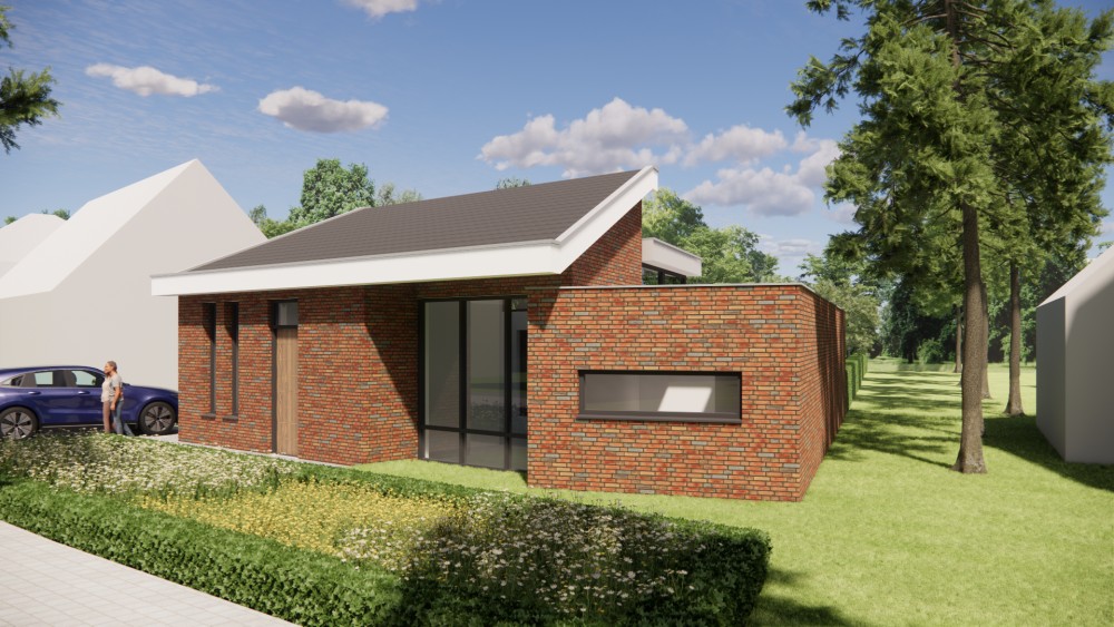 Afbeelding van Moderne vrijstaande woning in metselwerk met lessenaarsdak met vlakke dakpannen en verholen dakgoot - fb4d5532-a7d9-4a04-8acc-1fbba6d542bb