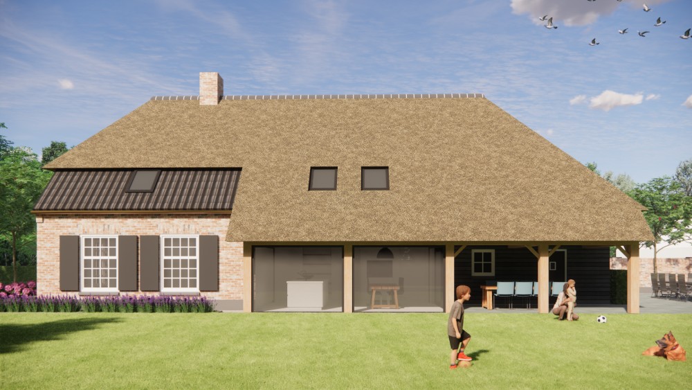 3D Render van vrijstaande schuurwoning met schilddak in metselwerk en hout 4