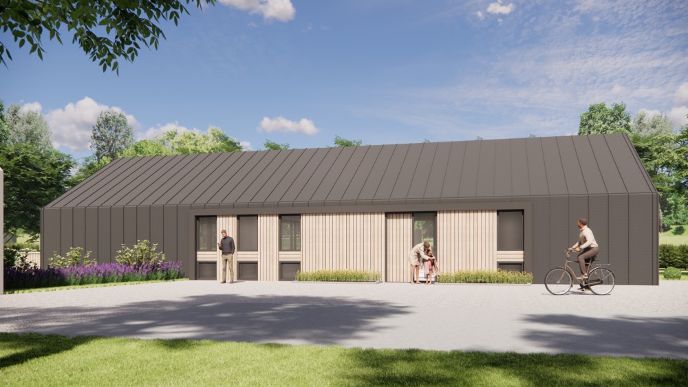 3D Render van moderne schuurwoning met houten gevel felsplaat zadeldak en overstekken 9
