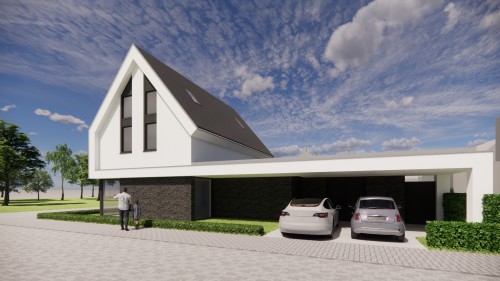 Afbeelding van Witgepleisterde moderne woning met vlakke dakpannen en royale dakoverstekken - 320dc6f6-3b98-47cc-b1a6-2901bcad00aa