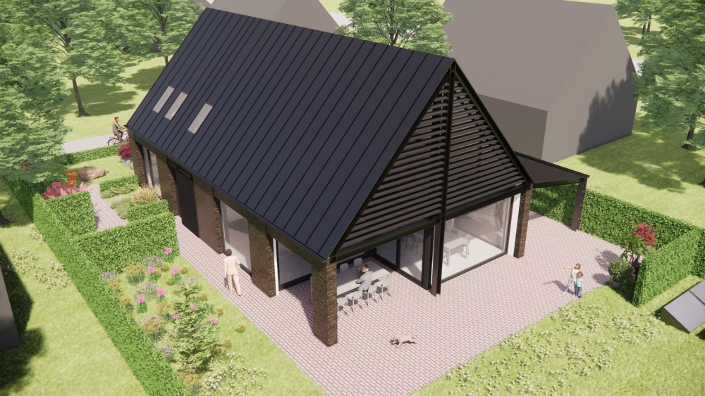 3D Render van schuurwoning met stalen spant, metselwerk gevel en felsplaten zadeldak 7