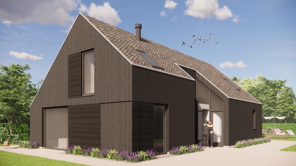 Afbeelding van Landelijke schuurwoning met houten gevel, zadeldak en buiten shutters - 1e079f83-dd9a-42cb-a0c6-dbb0fbe28447