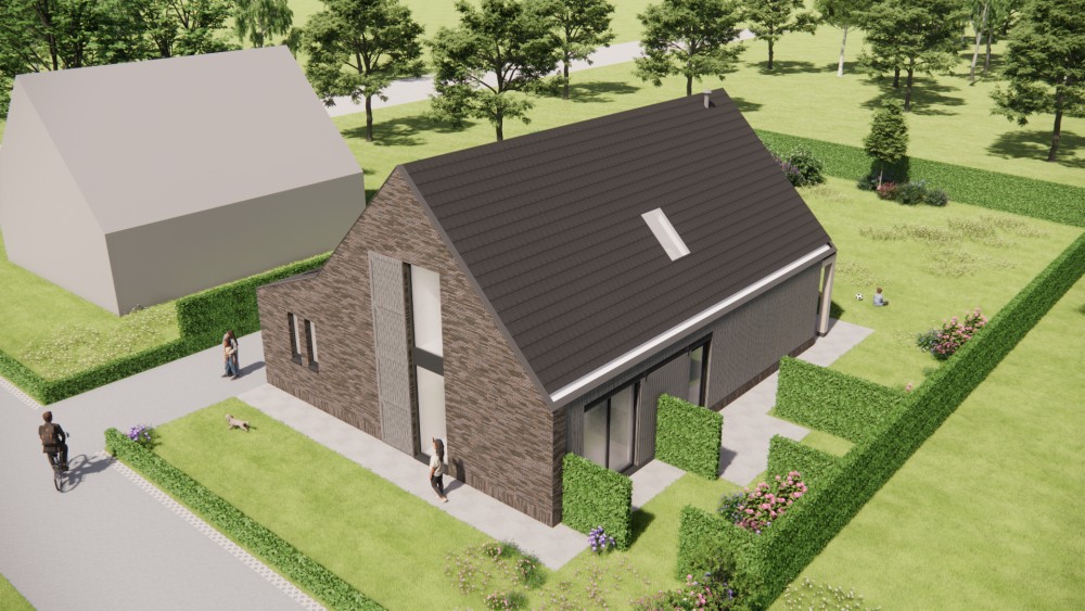 3D Render van schuurwoning met vlakke dakpannen, houten luiken en metselwerkgevels 7