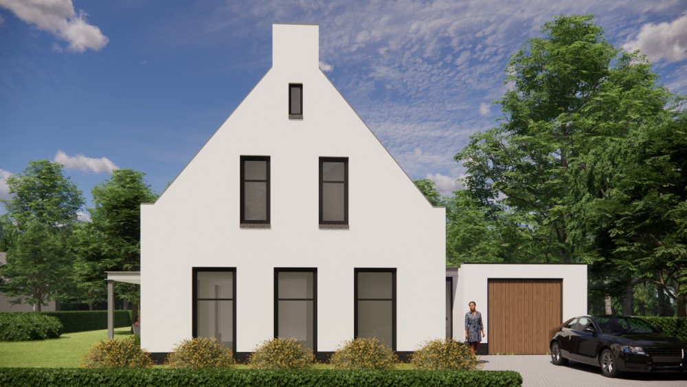 3D Render van vrijstaande moderne woning met pleisterwerk en zadeldak met gegolfde dakpannen 5