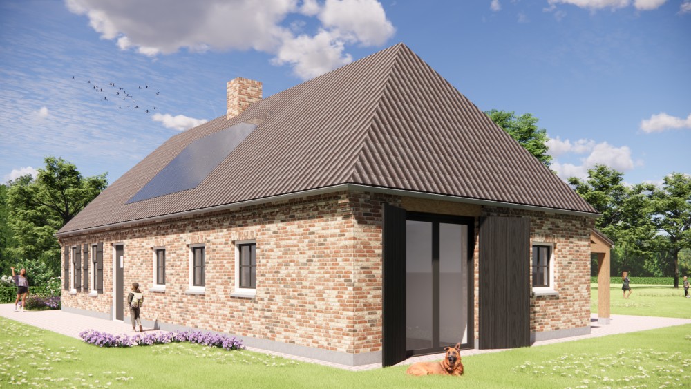 3D Render van boerderijwoning met wolfsdak, gegolfde dakpannen en houten accenten 4