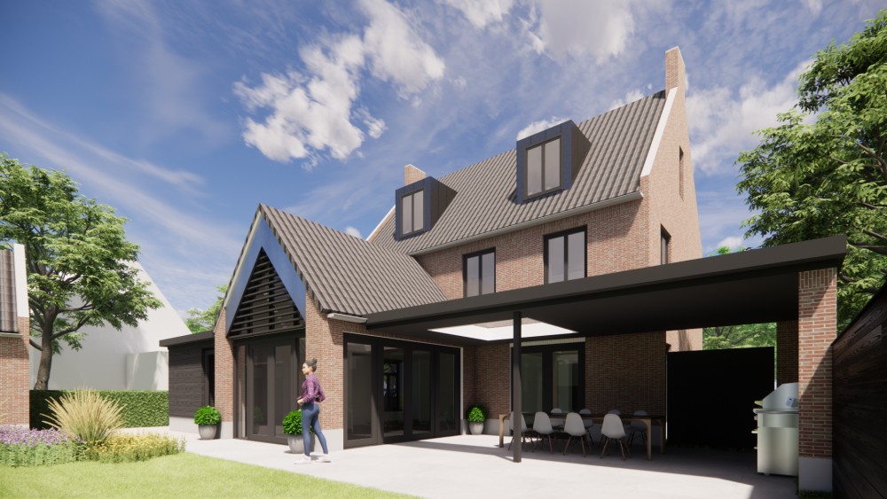 3D Render van kempisch vrijstaand woonhuis met metselwerk gevels, zadeldak en gegolfde dakpannen 6