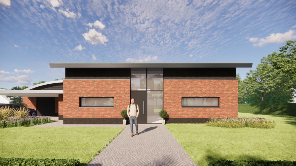 3D Render van eigentijdse vrijstaande woning met gebogen groendak, metselwerkgevels en houten accenten 4