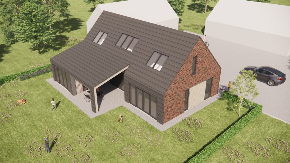 3D Render van schuurwoning met zadeldak, donkere gevelsteen en houten accenten 7