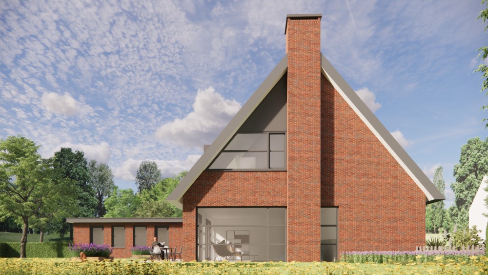 3D Render van moderne vrijstaande woning in metselwerk met zadeldak en vlakke dakpannen 8