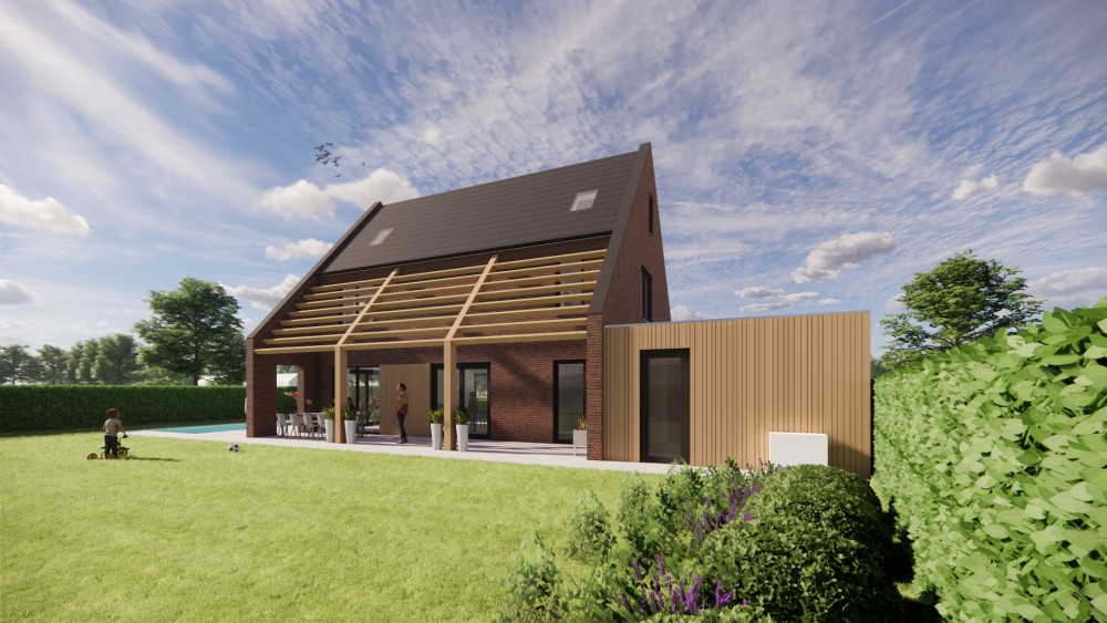 3D Render van vrijstaande moderne woning in rood metselwerk met zadeldak van vlakke dakpannen en houten accenten 4