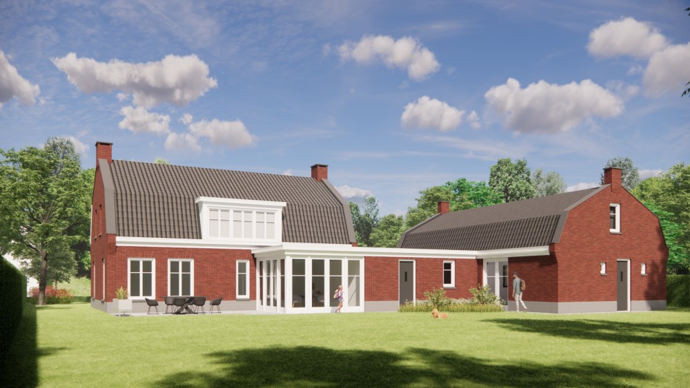 3D Render van vrijstaand woonhuis in jaren 30 stijl met metselwerkgevel en mansardedak met gegolfde dakpannen 7