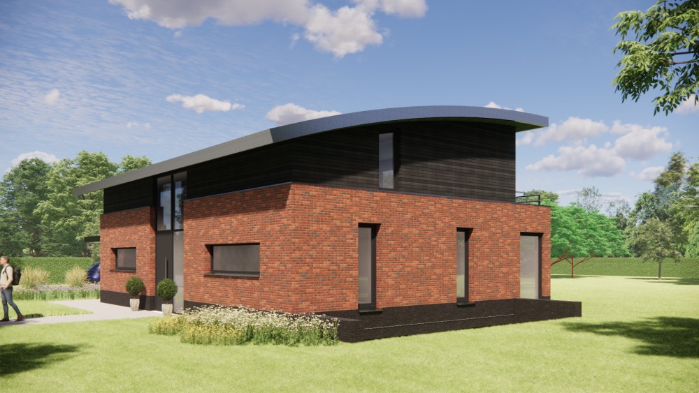 3D Render van eigentijdse vrijstaande woning met gebogen groendak, metselwerkgevels en houten accenten 8