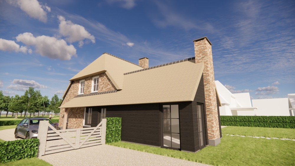 3D Render van boerderijwoning met rieten wolfsdak en houten accenten 5