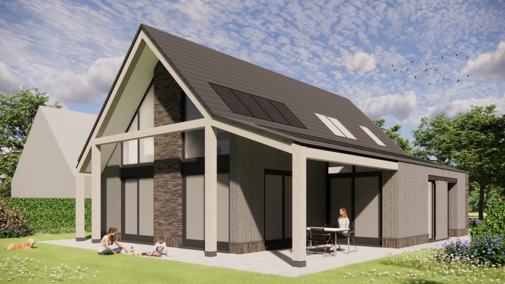 3D Render van schuurwoning met vlakke dakpannen, houten luiken en metselwerkgevels 5