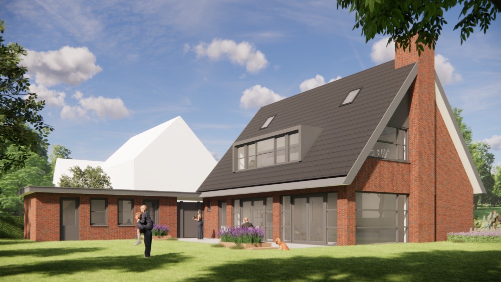 3D Render van moderne vrijstaande woning in metselwerk met zadeldak en vlakke dakpannen 5