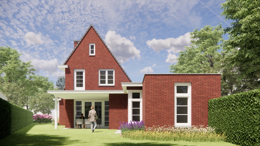 Afbeelding van Vrijstaande woning in jaren 30 stijl met metselwerk gevels en zadeldak met gegolfde dakpannen - 159898f0-407b-45c1-87cf-aea4d3c12a6e