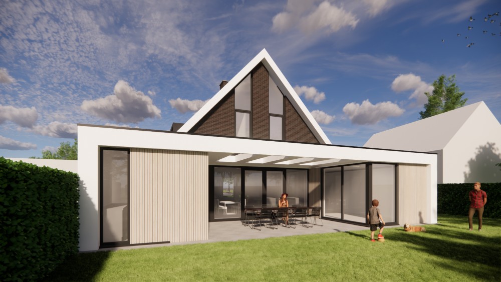 Afbeelding van Eigentijdse woning met metselwerk gevel, houten accenten en markant zadeldak - 6f32d1c2-d28d-4340-999c-111051aaf5ce