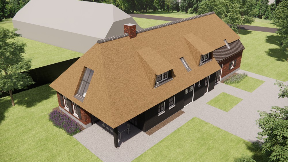 3D Render van rietgedekte landelijke woning met rood metselwerk en houten accenten 9