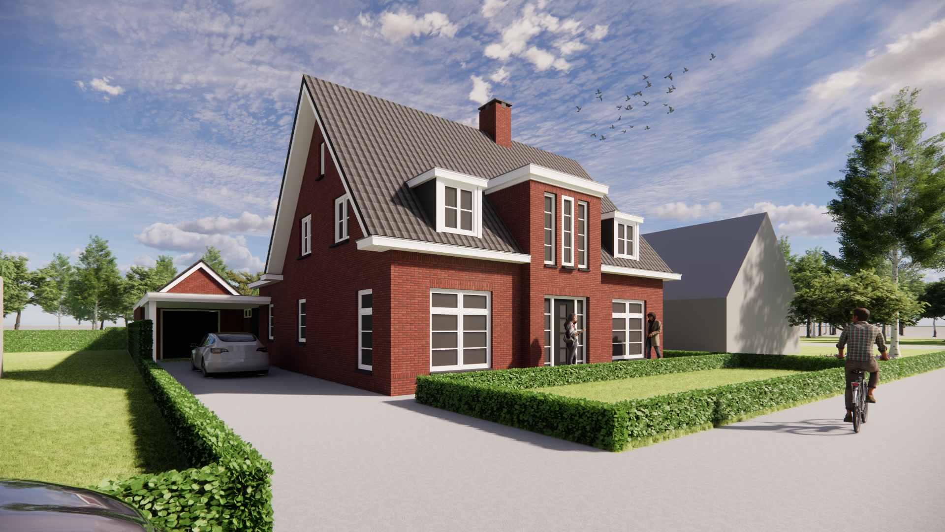 3D render van Traditionele notariswoning met metselwerkgevel, dakkapel en risaliet