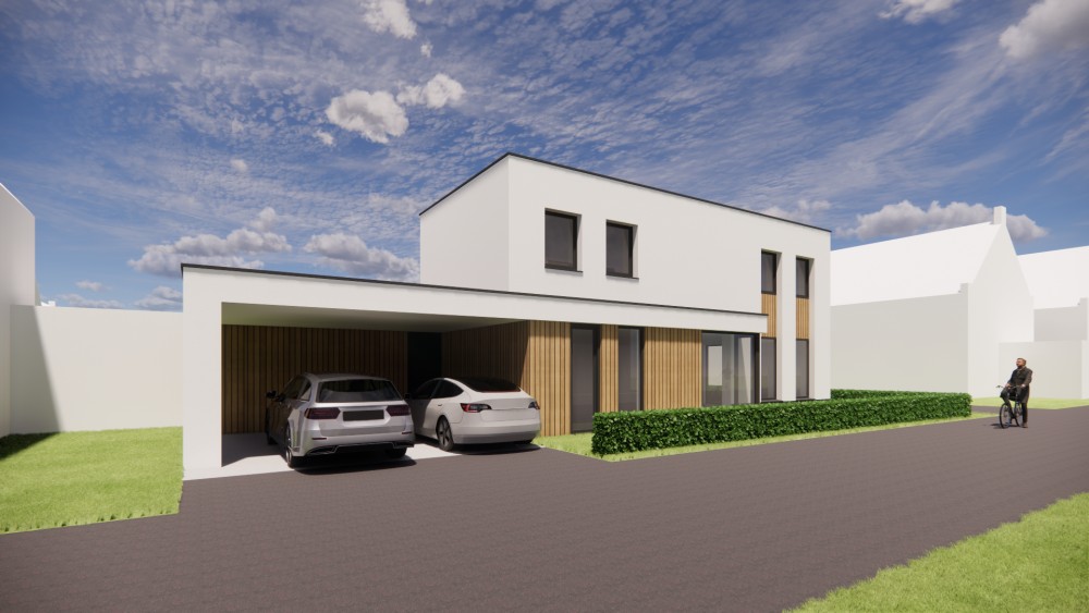 3D Render van kubistische woning met witte gevels, houten accenten en strak vormgegeven carport 1