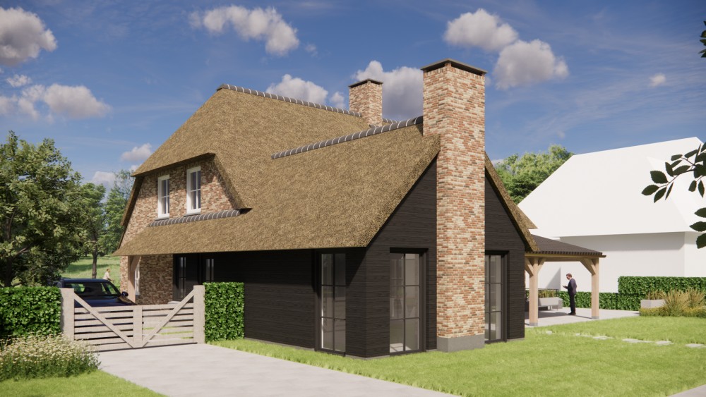3D Render van boerderijwoning met rieten wolfsdak en houten accenten 5