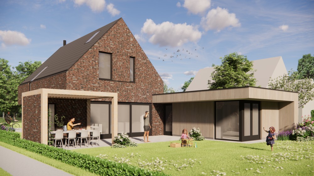 Afbeelding van Moderne woning met metselwerk gevels, hoekkozijnen en houten accenten - d0f5d24e-dcba-4b7c-92c4-5a8ef516602b