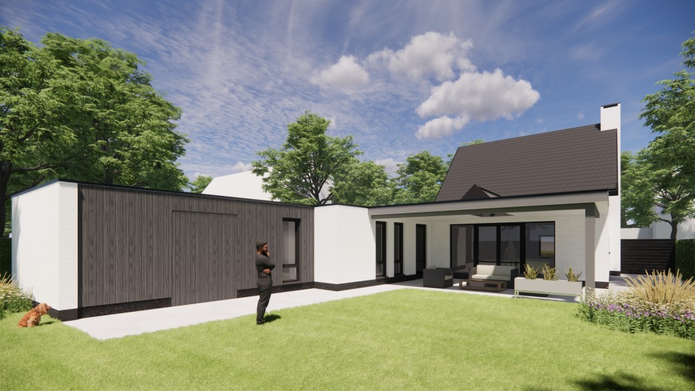 Afbeelding van Vrijstaande moderne woning met wit gekeimd metselwerk, zadeldak met vlakke dakpan en houtaccenten - f75c5dcc-bdbe-4c90-86a9-08cd5fe25a27