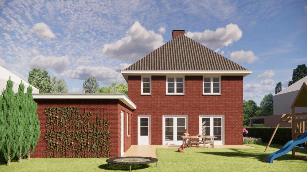 3D Render van vrijstaande notariswoning met metselwerk gevels en klassiek schilddak 5