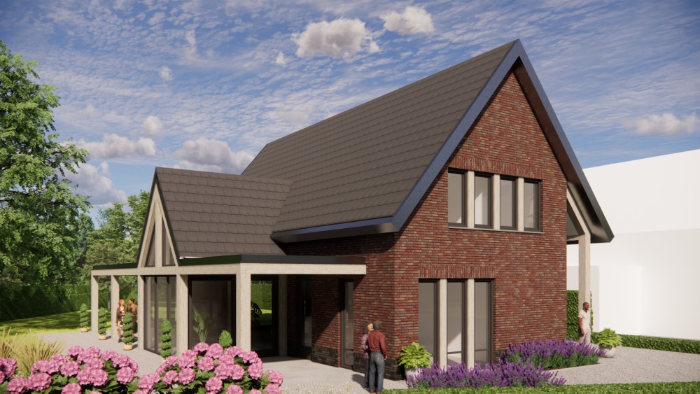 Afbeelding van Moderne vrijstaande woning met metselwerk gevels en zadeldak met vlakke dakpannen - 19ad7d62-5ae7-4e72-ba8a-a8bdb4e65ebe