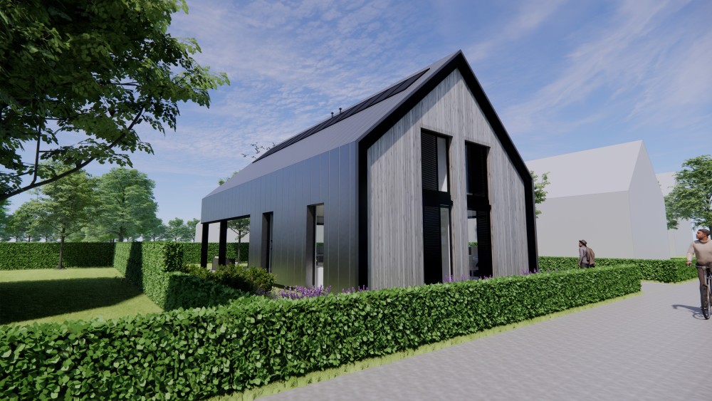 Afbeelding van Donker metalen zadeldak met houten gevels en overdekt terras - 361ed87a-41ad-4e20-a429-a7bad11a08ec