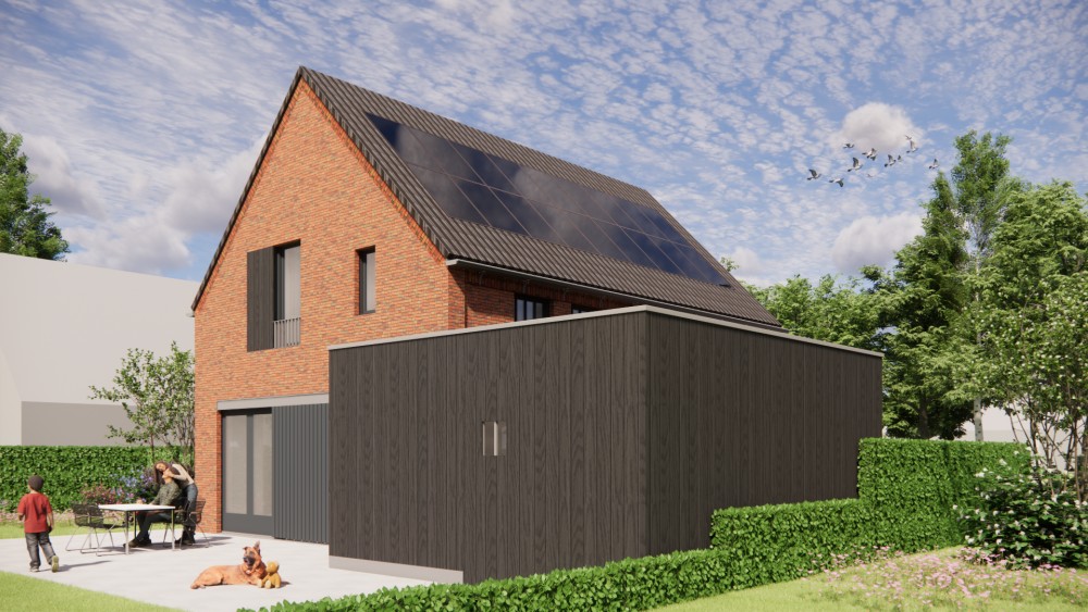 3D Render van industriele schuurwoning met metselwerk gevel en grote raampartijen 5