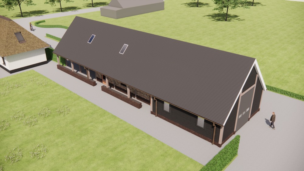 3D Render van landelijke villa met rieten schilddak, houten luiken en wit pleisterwerk 7