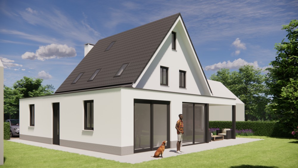 3D Render van gepleisterde gezinswoning met zadeldak, houten kozijnen en ingetogen detaillering 5