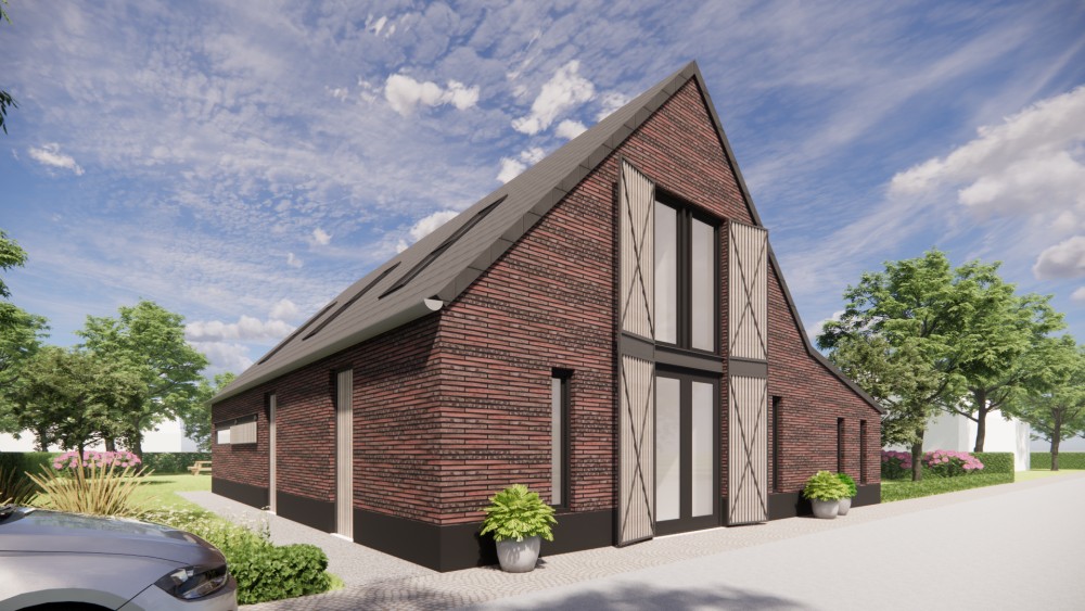 3D Render van vrijstaande schuurwoning met metselwerk gevels en zadeldak met vlakke dakpan 6