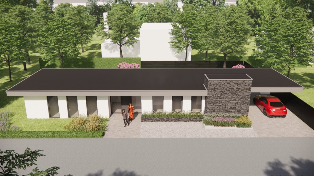 3D Render van modern vrijstaand woonhuis met plat dak en pleisterwerk 8