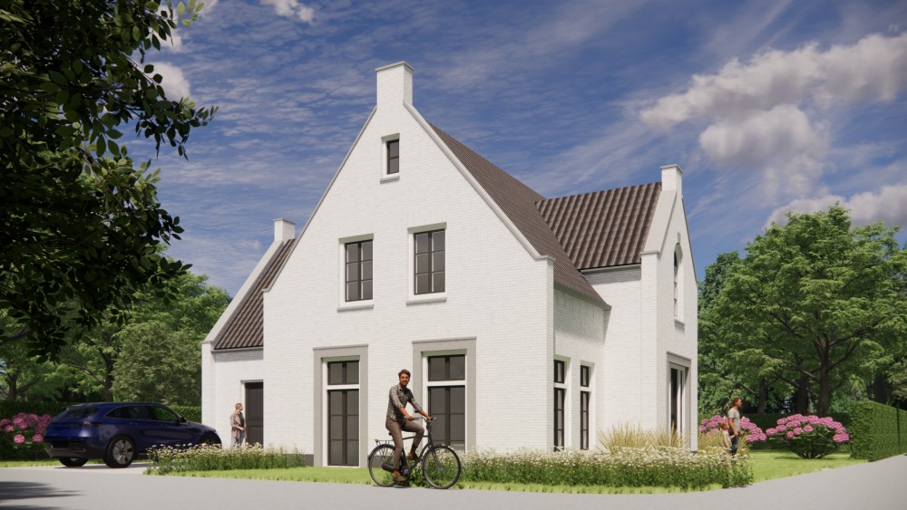 Afbeelding van Jaren 30 woning met wit gekeimd metselwerk schoorsteen en zadeldak met gegolfde dakpannen - 13311366-b03a-4bd5-b702-d180109f73ae