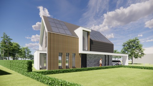 Afbeelding van Moderne woning met houten gevelbekleding en strak zadeldak - 6fbbb64b-7d64-4ea2-87d2-2bc96591a2f4