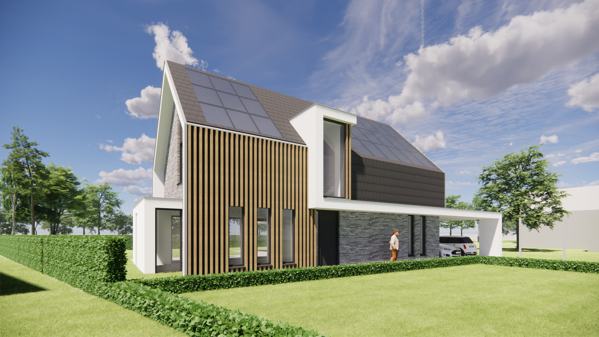 3D render van Moderne woning met houten gevelbekleding en strak zadeldak