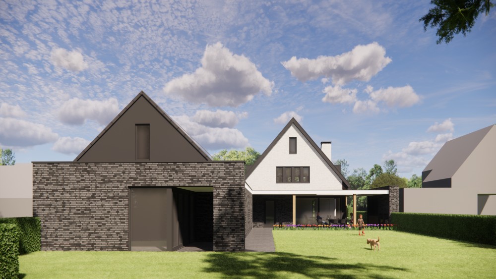 3D Render van moderne vrijstaande woning met gekeimd metselwerk en zadeldak met vlakke dakpan 6