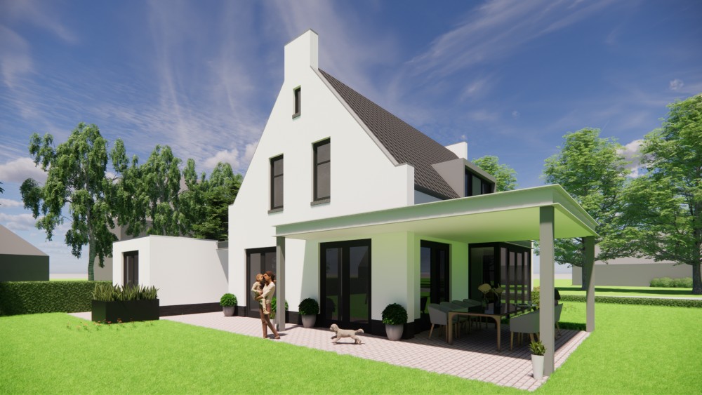 3D Render van vrijstaande moderne woning met pleisterwerk en zadeldak met gegolfde dakpannen 4