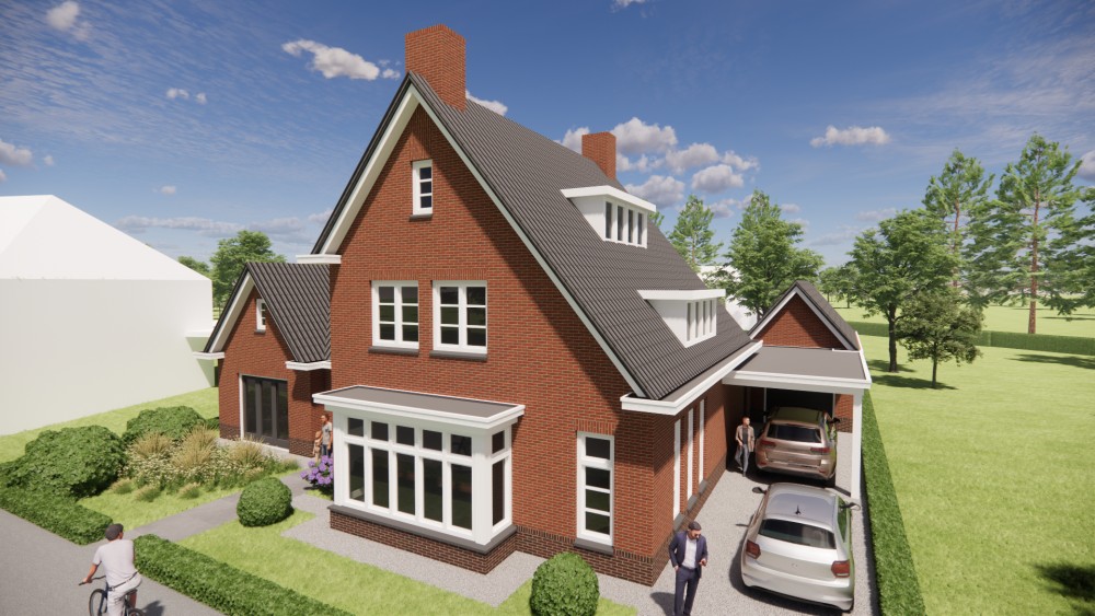 3D Render van vrijstaande jaren 30 woning met metselwerk gevels en zadeldak met gegolfde dakpannen 7