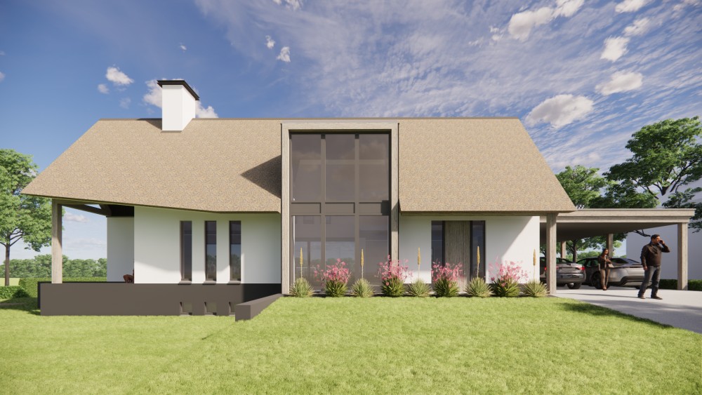 3D Render van moderne vrijstaande woning met rieten zadeldak witte pleistergevel en houtaccenten 7